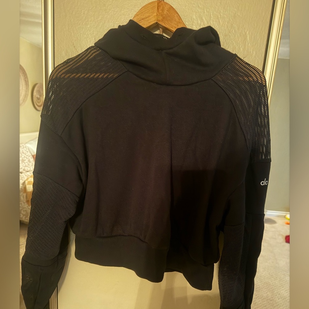 ALO Yoga Black Mesh-Panel Cropped Hoodie